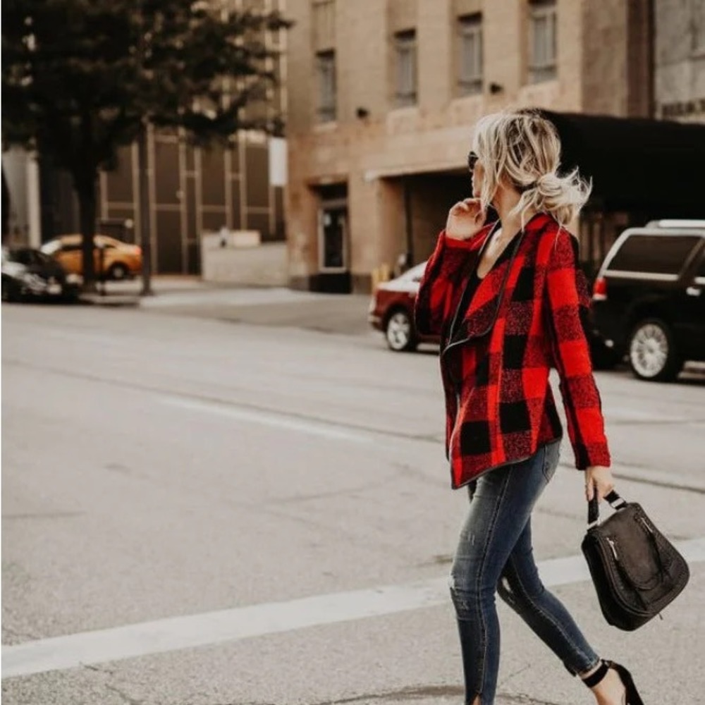 Buffalo plaids women jacket cover up cardigan sweater red knit thick black